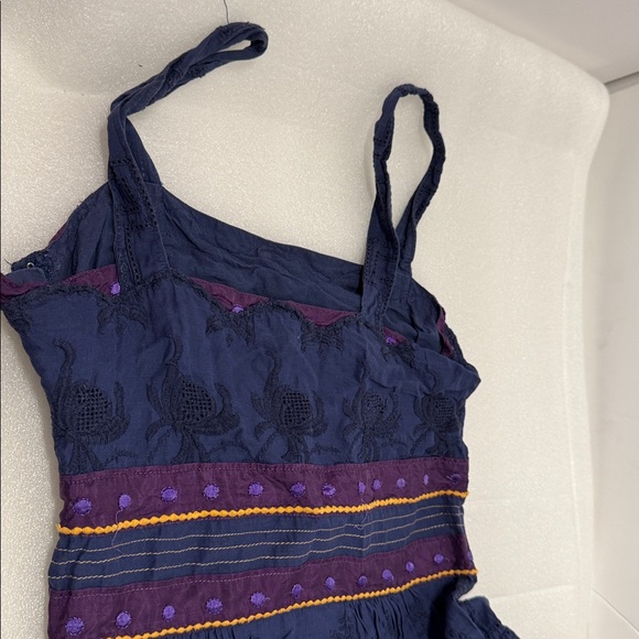 Viola Embroidered 100% Cotton Navy with gold & purple Sleeveless Dress size 2 - Picture 8 of 11